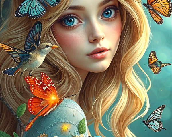 Young woman with horns in a vibrant floral setting