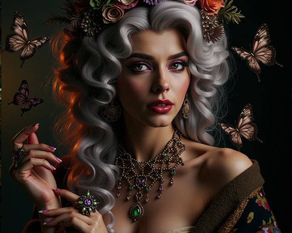 Portrait of a woman with silver hair and floral headpiece