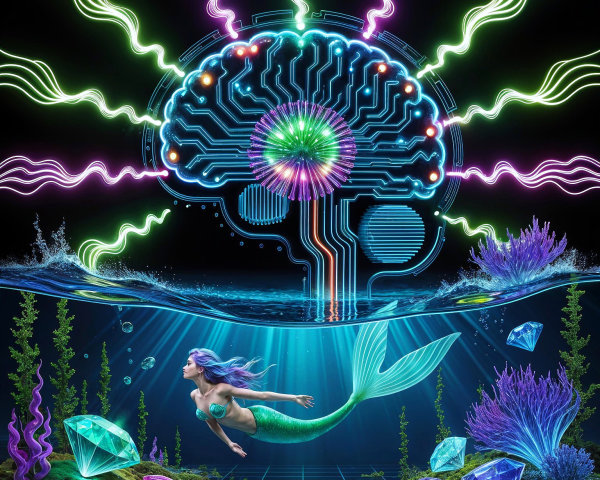 Mermaid Underwater Scene with Coral and Neon Design