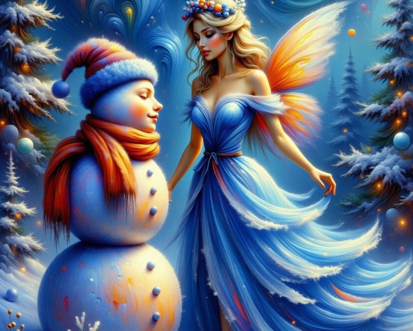 Whimsical Winter Scene with Fairy and Snowman