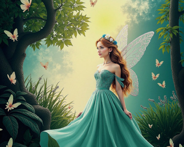 Fairy in Teal Gown Surrounded by Lush Greenery