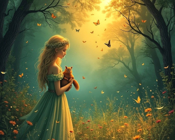 Serene forest scene with woman, fox, and flowers