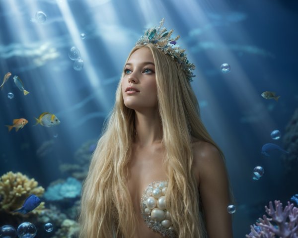 Underwater Scene with a Young Woman and Colorful Fish