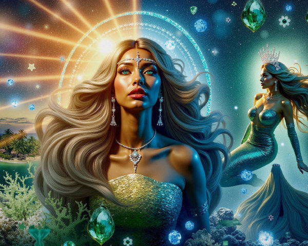 Mermaid with Golden Hair in Vibrant Underwater Scene