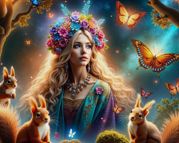 Mystical Scene of a Woman in Nature with Butterflies