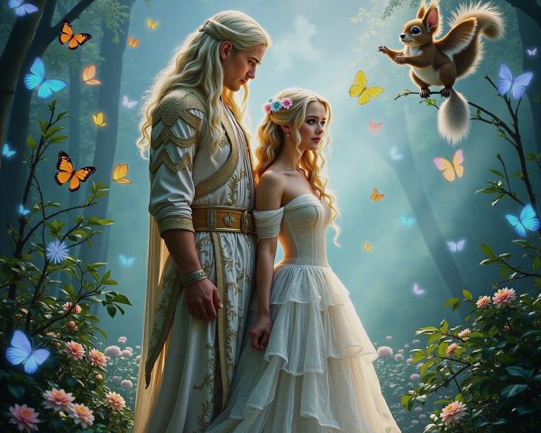 Couple in Mystical Forest Surrounded by Nature's Beauty