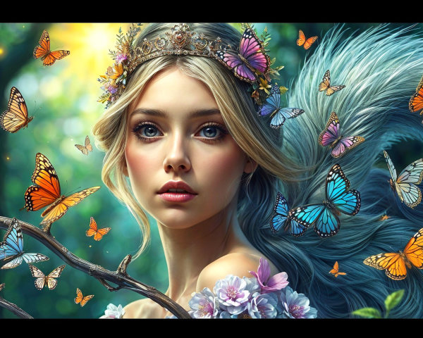 Portrait of a Young Woman in a Floral Crown and Butterflies