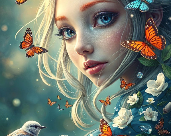 Whimsical Portrait of a Woman Surrounded by Nature