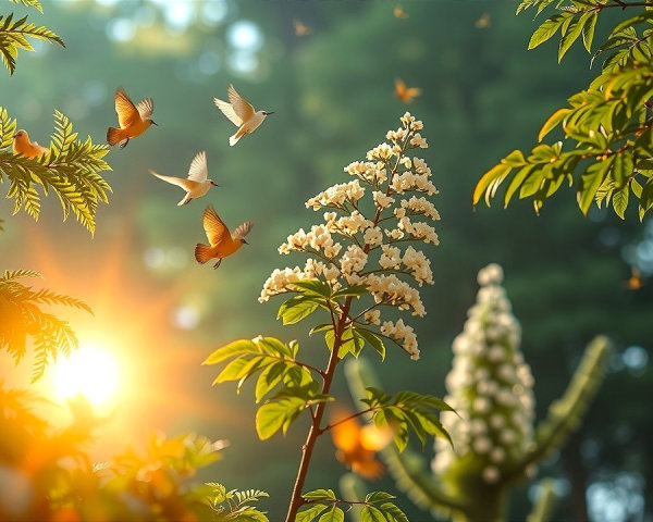 Serene Garden Scene with Sunlight and Blooming Flowers