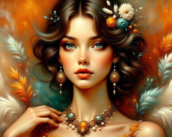 Digital painting of a woman with curly hair and feathers