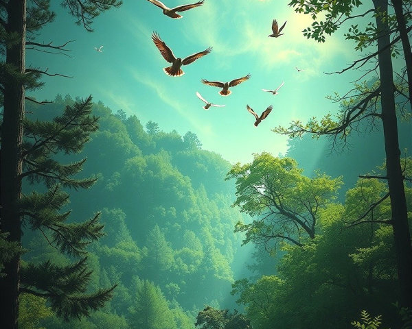 Serene Forest Landscape with Towering Trees and Birds