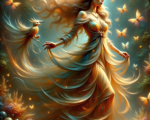 Ethereal figure in a mystical forest with butterflies