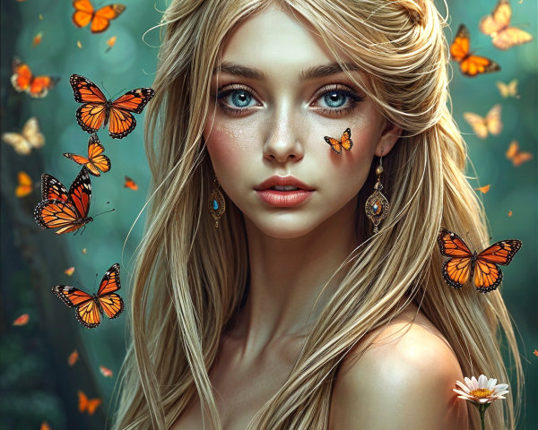 Portrait of a Young Woman with Butterflies and Flowers