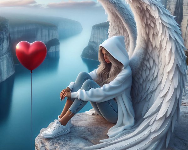 Young woman with wings and balloon by tranquil water