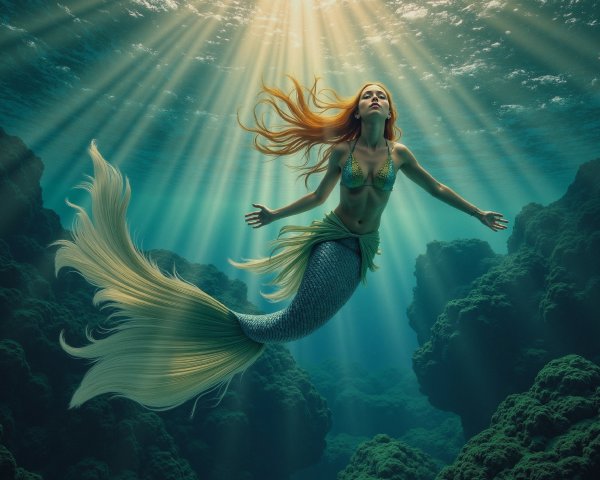 Mermaid Swimming in a Tranquil Underwater Scene
