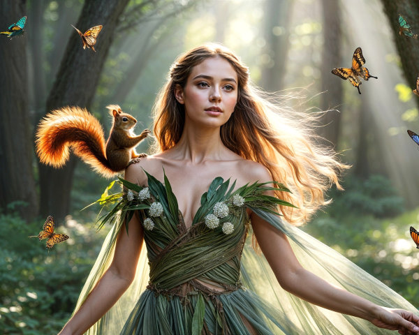 Young woman in leaf gown in sunlit forest glade