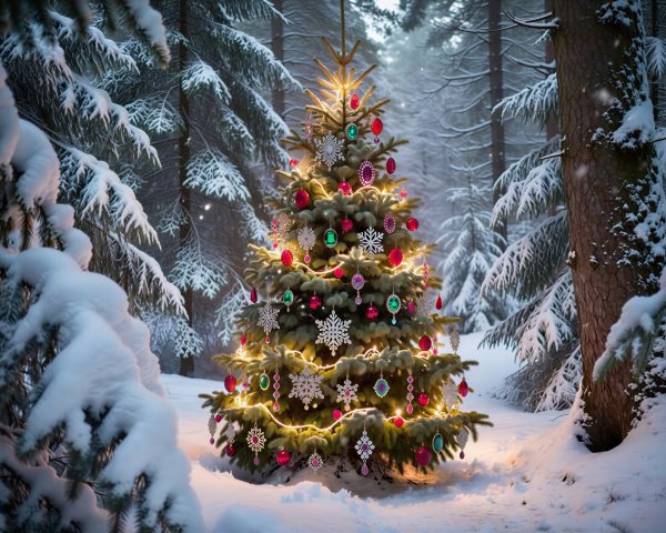 Isolated Christmas Tree in Snowy Forest Setting