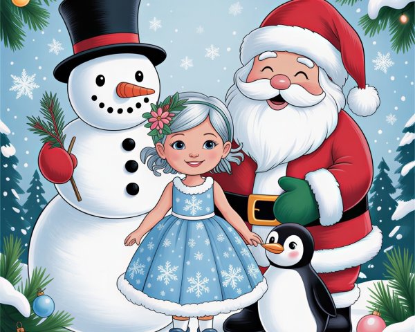 Cheerful Winter Scene with Santa, Snowman, and Penguin