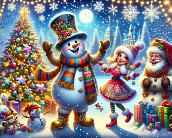 Festive Winter Scene with Snowman and Santa Claus