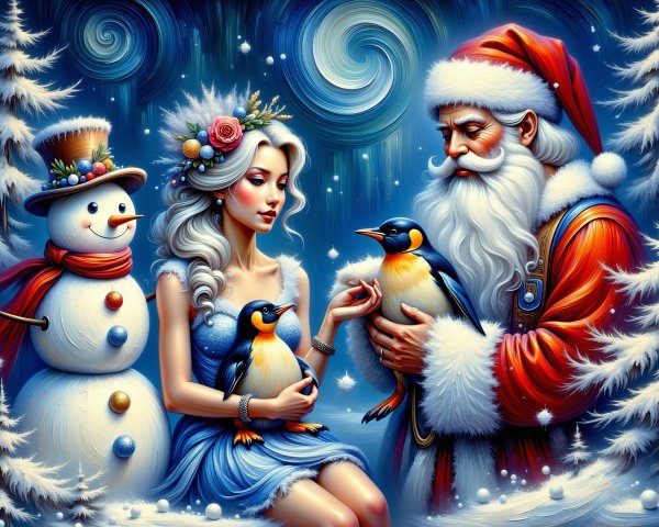 Whimsical Winter Scene with Santa and Penguin