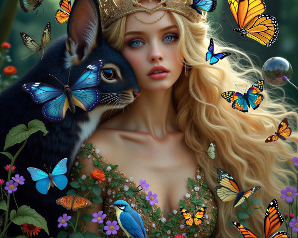 Magical Scene with Young Woman and Majestic Rabbit