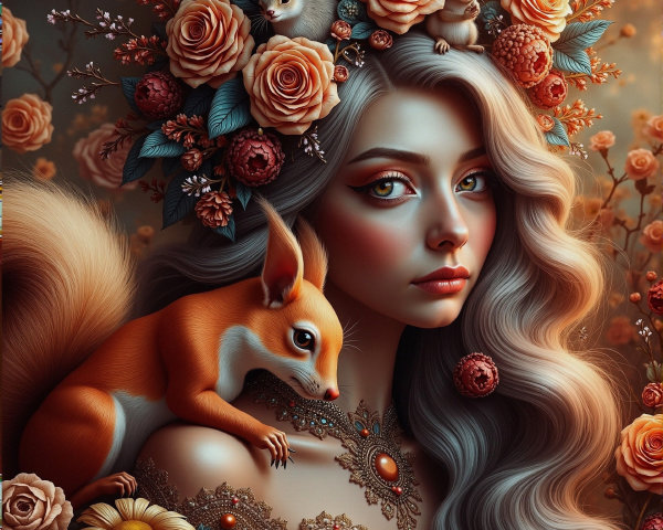 Woman with Silver Hair and Floral Crown in Nature