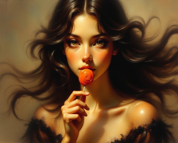 Young Woman with Lollipop in Dreamy Atmosphere