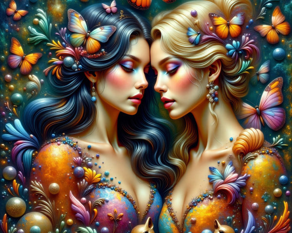 Ethereal Women with Butterflies and Playful Rabbits