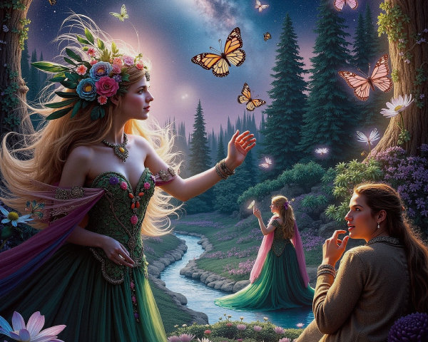 Fairy Queen in a Magical Forest with Butterflies