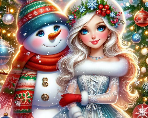 Whimsical Winter Scene with Snowman and Festive Decor