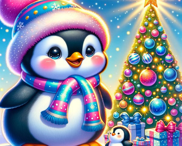 Fluffy Baby Penguin in Winter Hat by Christmas Tree