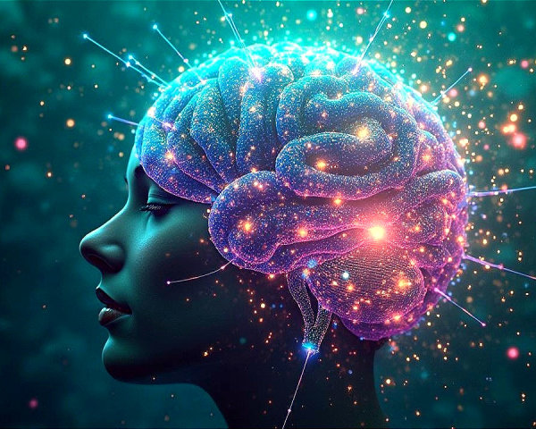 Surreal Human Silhouette with Luminous Brain Visualization