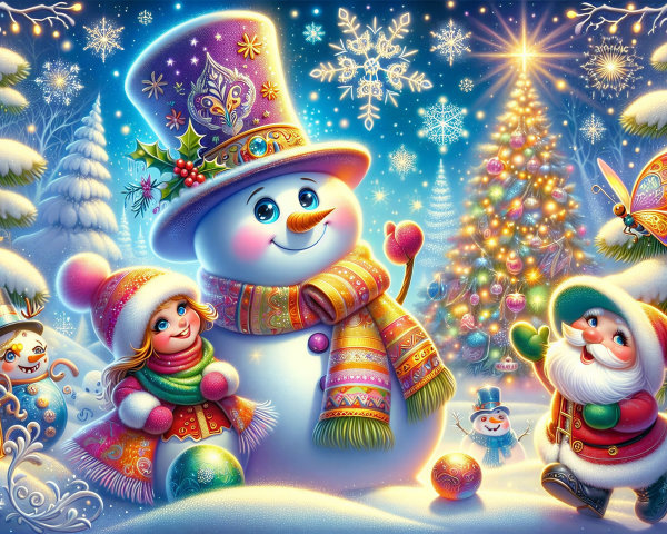 Whimsical Winter Scene with Snowman and Festive Characters