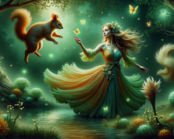 Magical forest scene with woman and playful squirrel