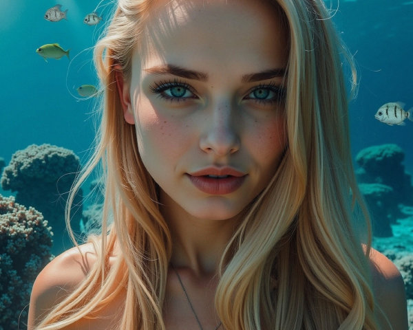 Underwater Scene with Woman and Colorful Marine Life
