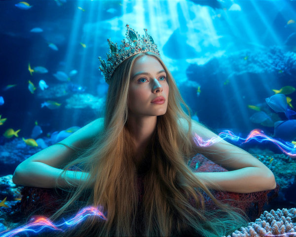 Underwater Scene of a Woman with a Sparkling Crown