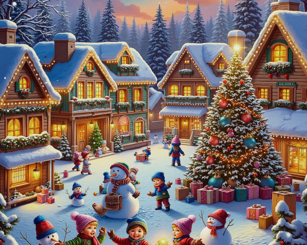 Winter Village with Snow, Lights, and Christmas Tree