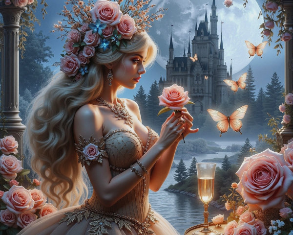 Elegant woman in gown by serene lake with castle