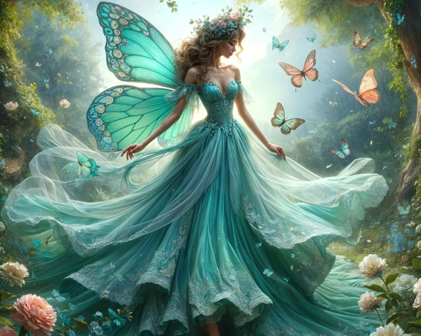 Fairy in Turquoise Gown Surrounded by Nature's Beauty