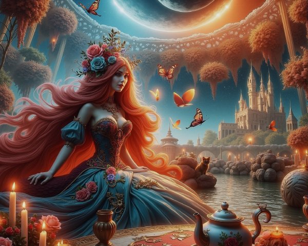 Red-haired woman by serene lake in magical landscape
