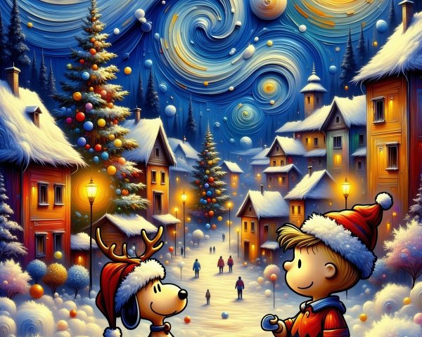 Vibrant digital painting of a snowy Christmas village