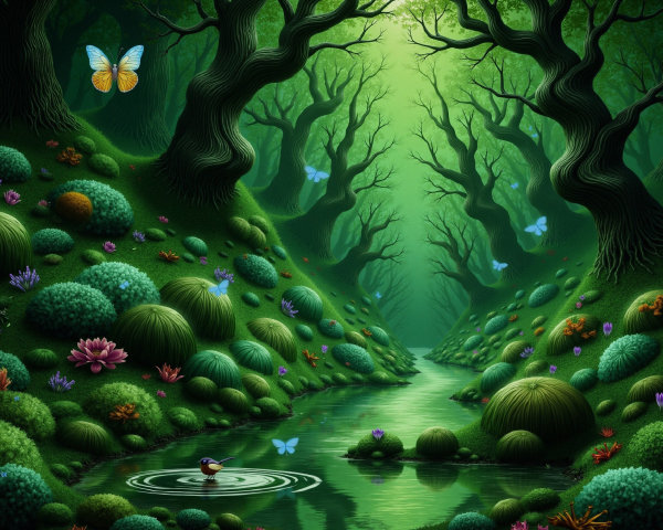 Enchanting Forest Scene with Stream and Wildlife