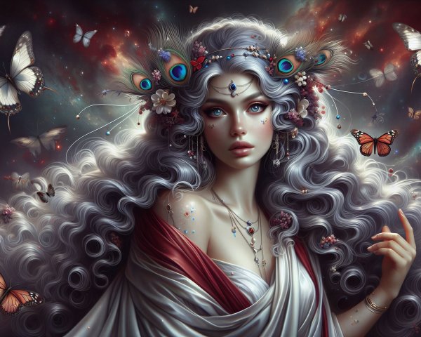 Mystical figure with silver hair and vibrant butterflies