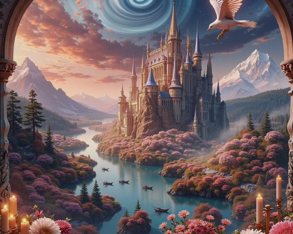 Castle on a Hill Surrounded by Blossoms and Mountains