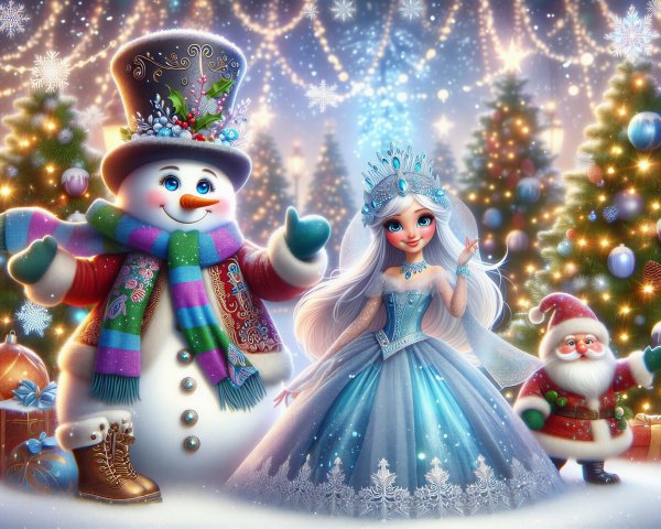 Whimsical Winter Scene with Snowman and Princess