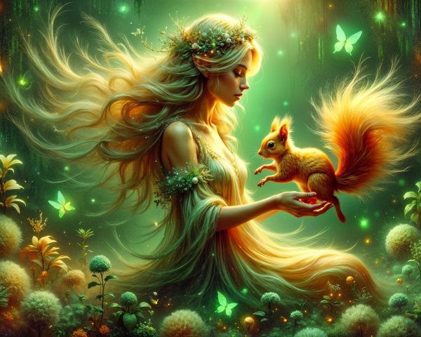 Serene figure with golden hair in a mystical forest