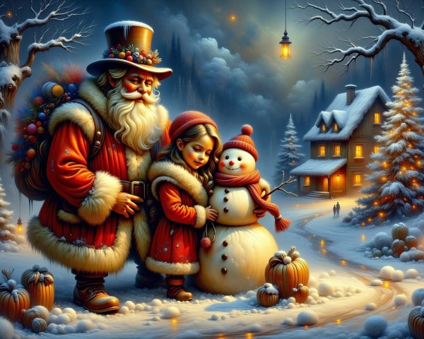 Whimsical Winter Scene with Santa and a Young Girl
