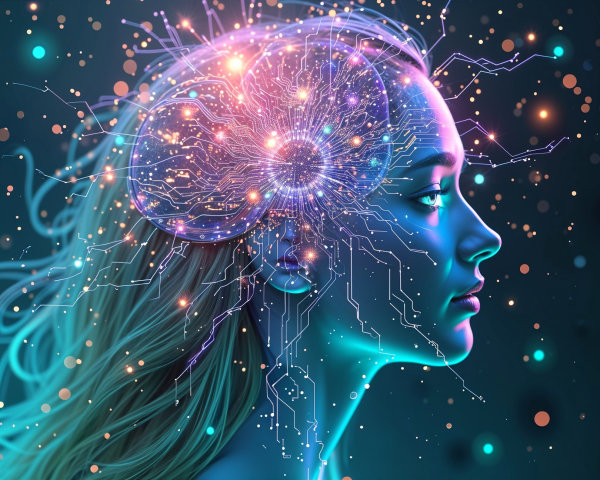Futuristic Woman with Glowing Circuitry and Colors