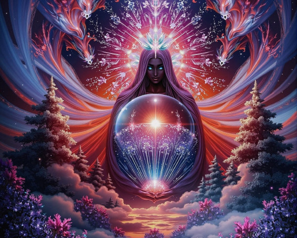 Mystical Figure with Glowing Orb in Twilight Scene