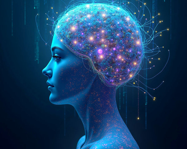 Futuristic Humanoid Figure with Glowing Brain Elements